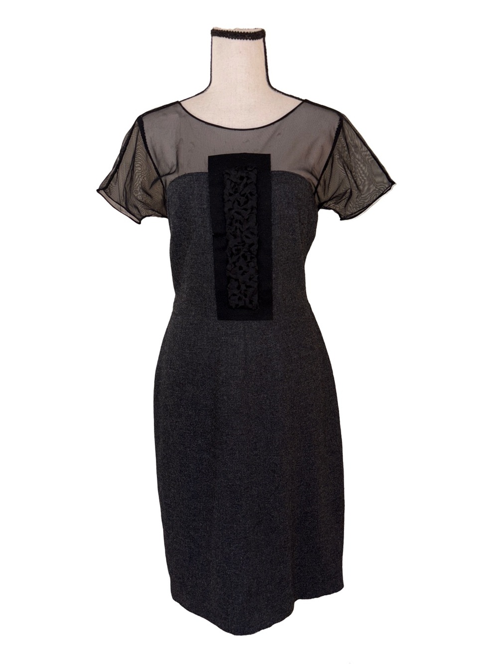 Vera Wang Lavender Label Gray Wool Silk Sheer Mesh Sheath Dress Size 6 / 40